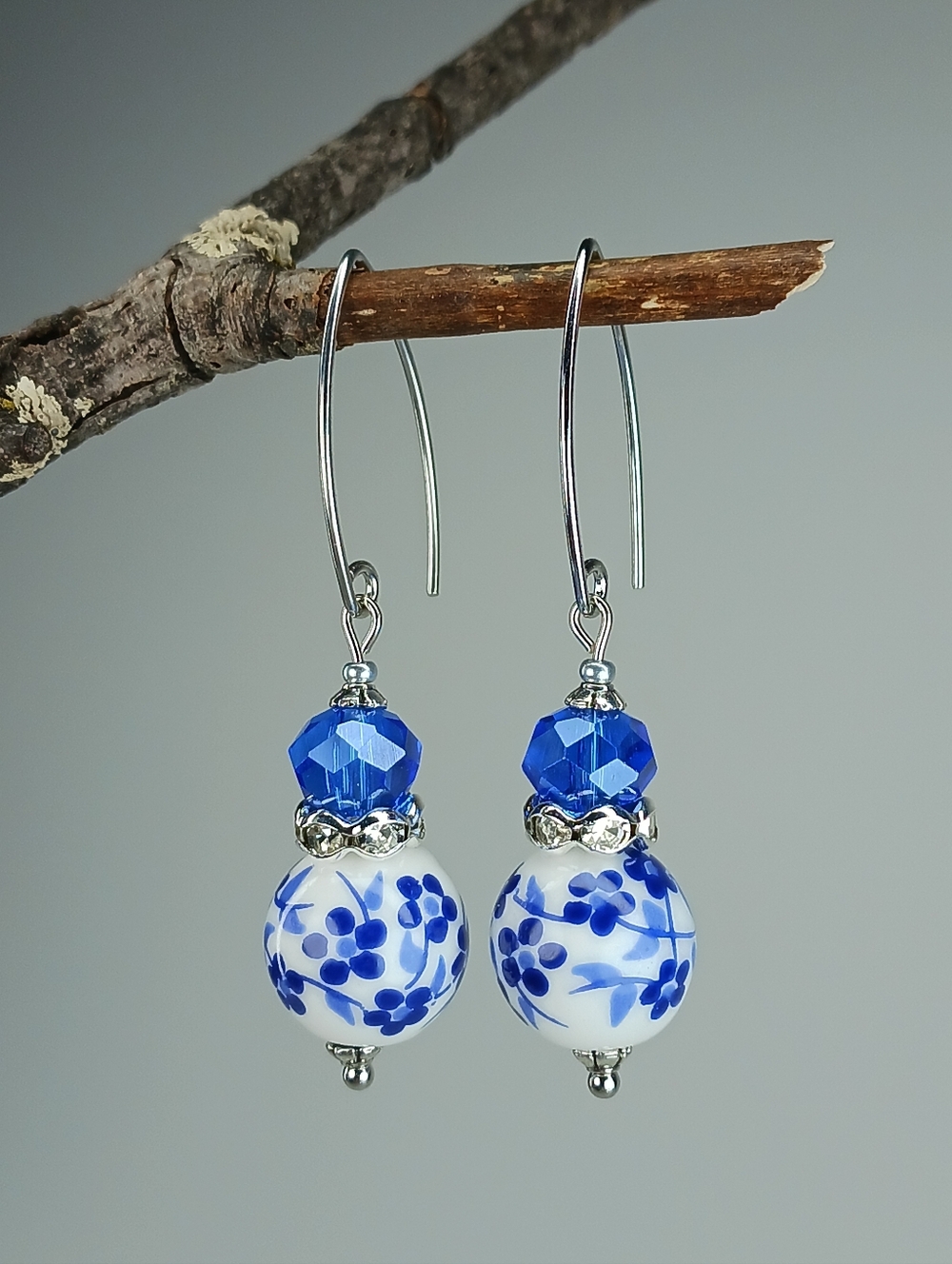 HAND CRAFTED Blue White Floral Ceramic Earrings Cobalt Glass Dangle Cottagecore